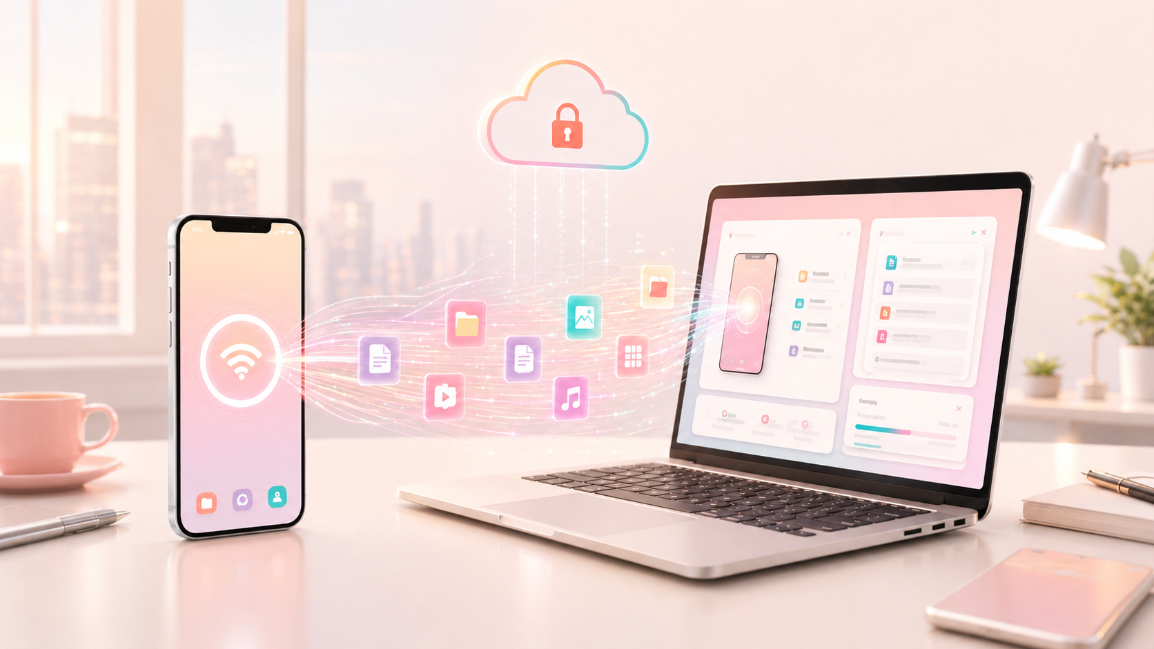 Phone and laptop syncing files and photos securely through SAAS Connect